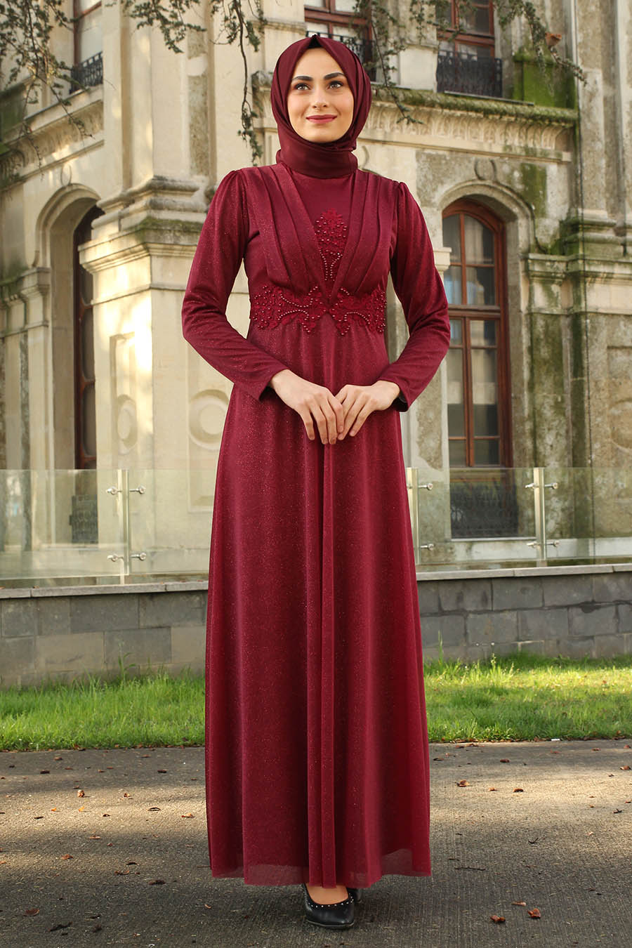PEARL DETAILED CLARET RED EVENING DRESS