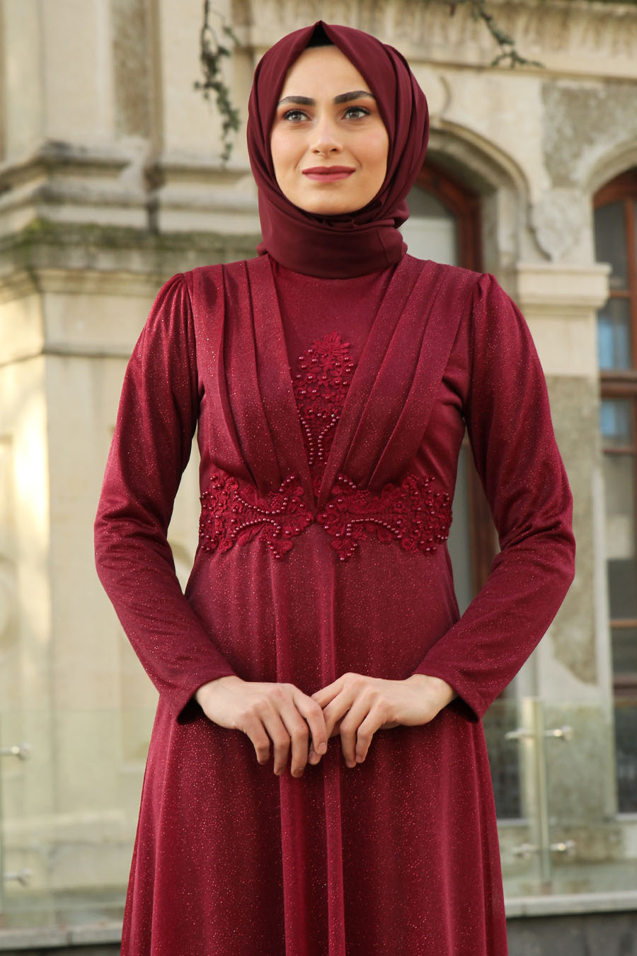 PEARL DETAILED CLARET RED EVENING DRESS