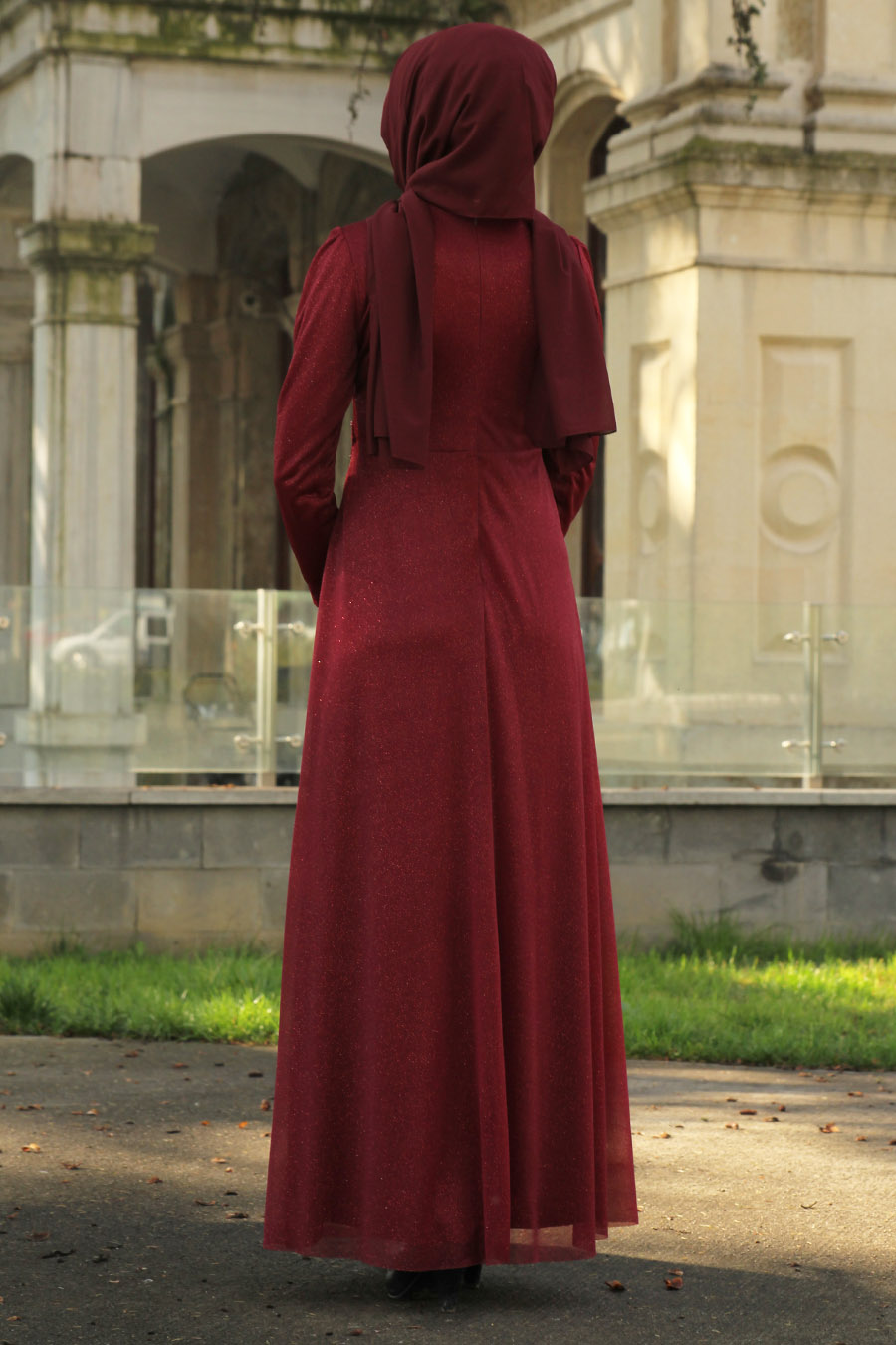 PEARL DETAILED CLARET RED EVENING DRESS