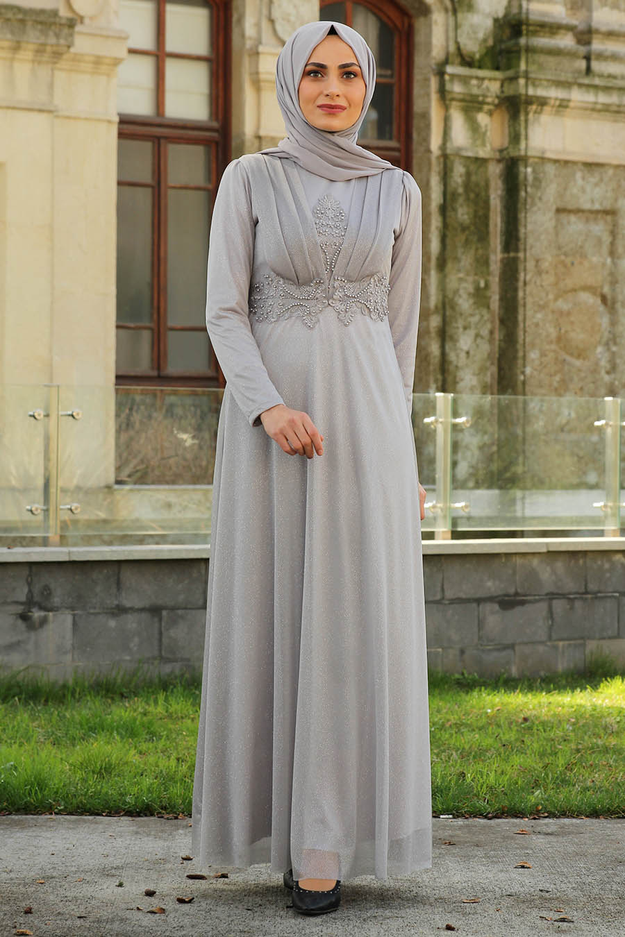 PEARL DETAILED GREY EVENING DRESS 