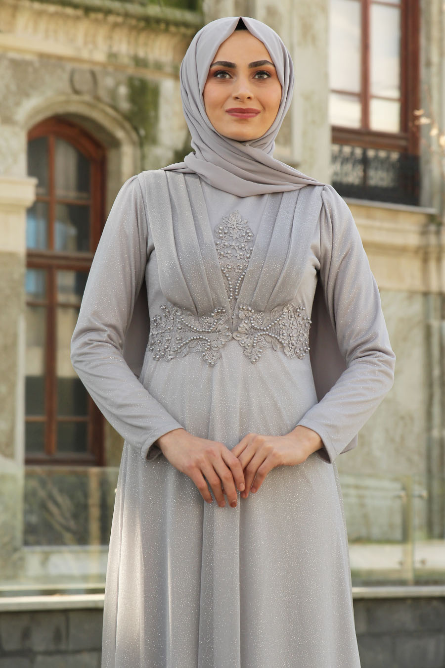 PEARL DETAILED GREY EVENING DRESS 