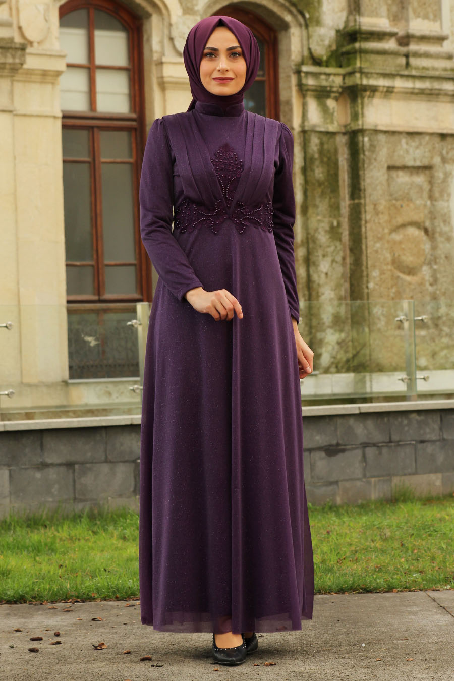 PEARL DETAILED PURPLE EVENING DRESS