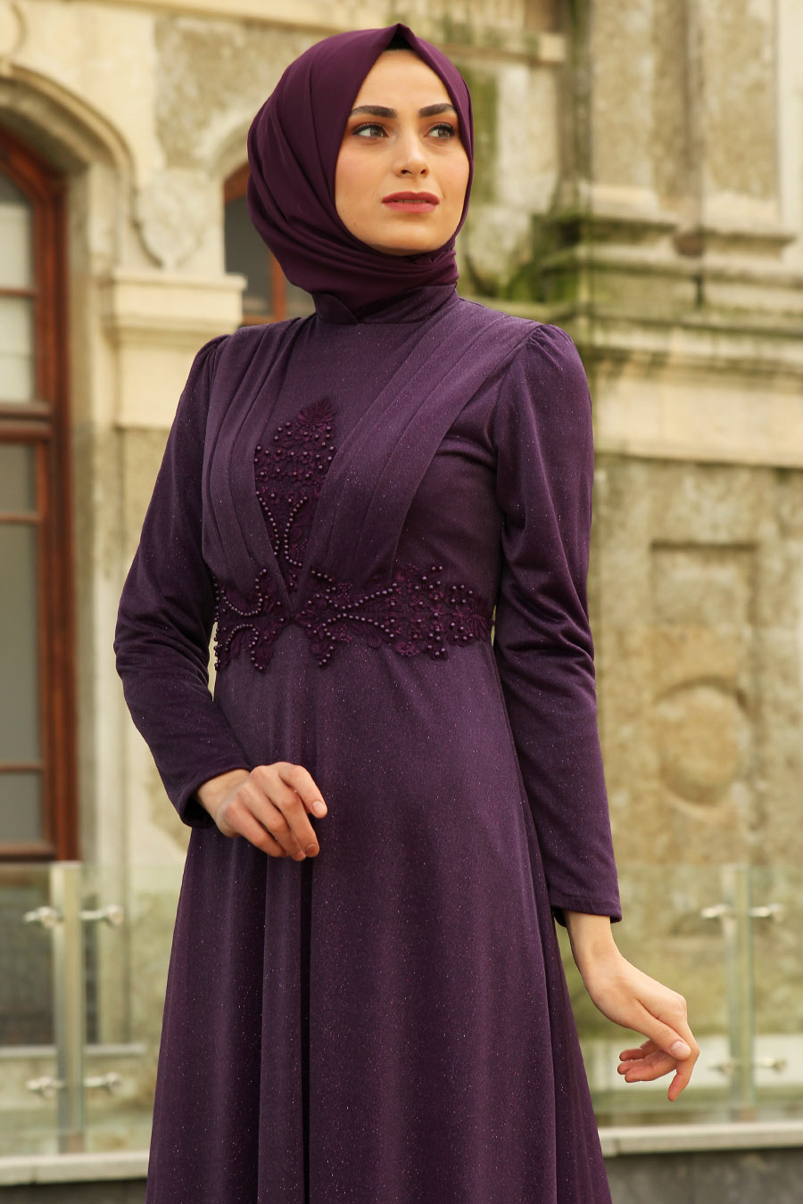 PEARL DETAILED PURPLE EVENING DRESS