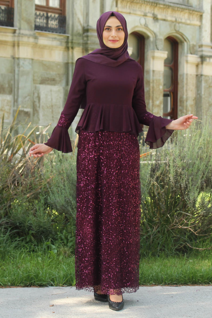 SEQUIN DETAILED PURPLE EVENING DRESS 