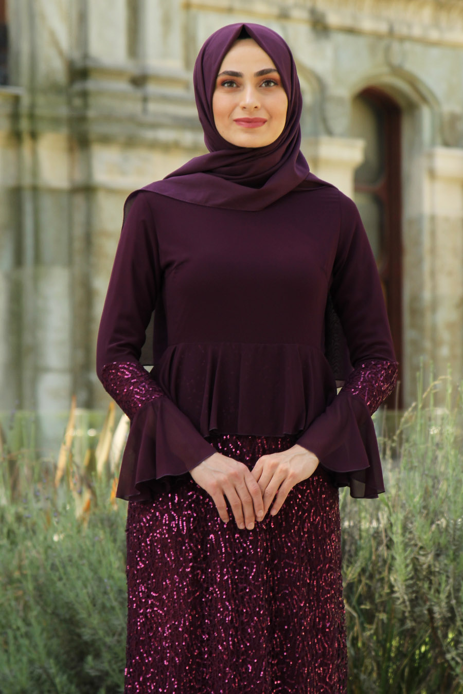 SEQUIN DETAILED PURPLE EVENING DRESS 