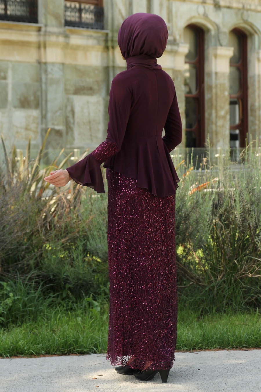 SEQUIN DETAILED PURPLE EVENING DRESS 