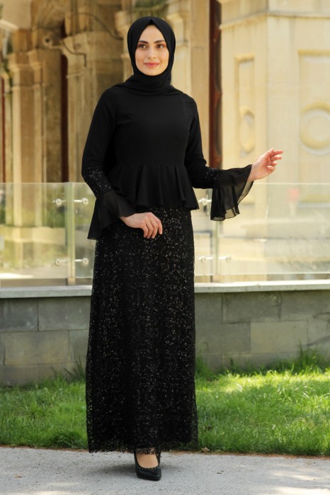 SEQUIN DETAILED BLACK EVENING DRESS 