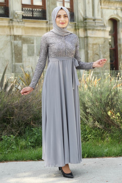 SEQUIN DETAILED GREY EVENING DRESS