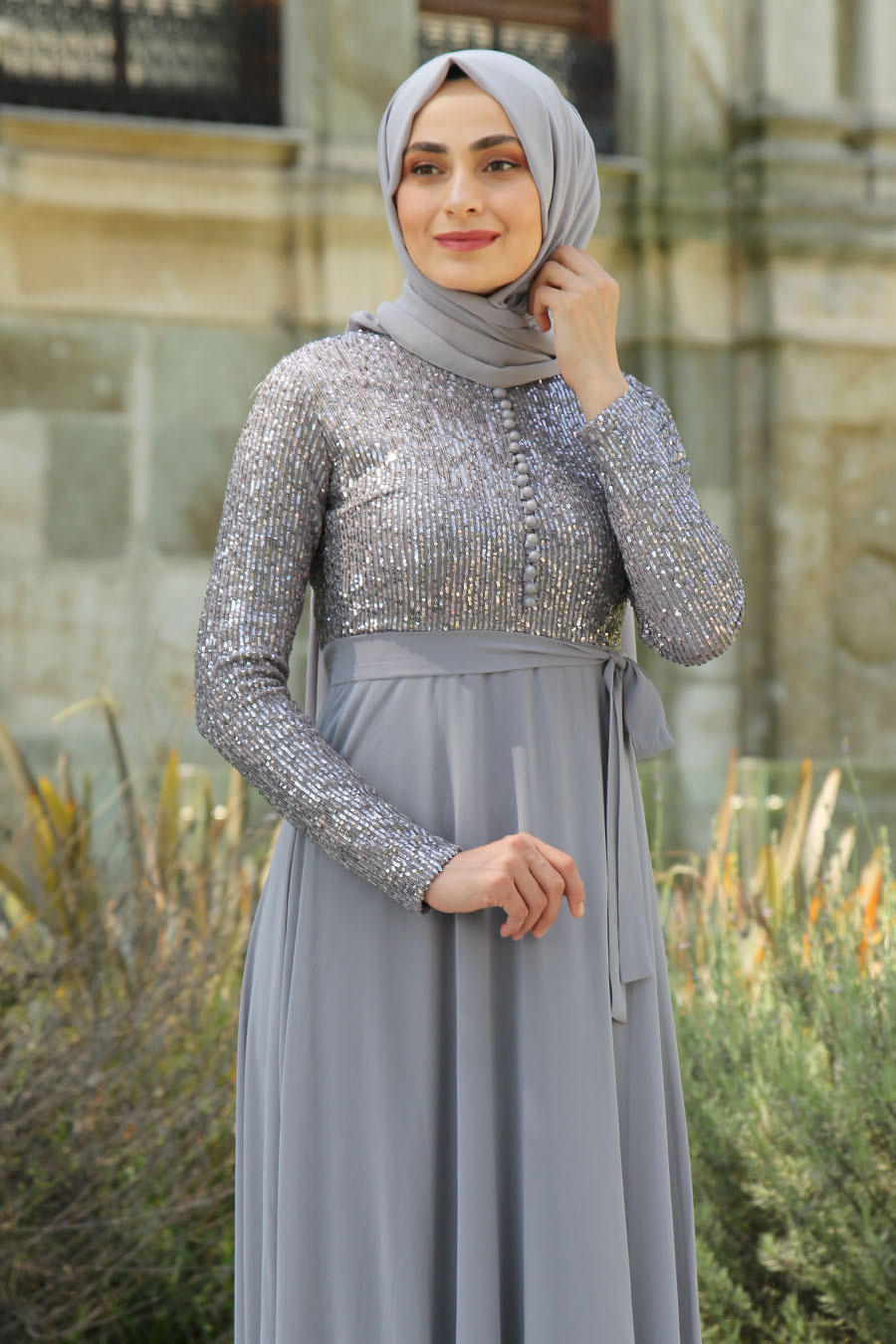 SEQUIN DETAILED GREY EVENING DRESS