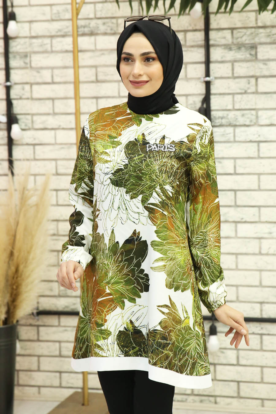 FLOWER PATTERNED GREEN TUNIC 