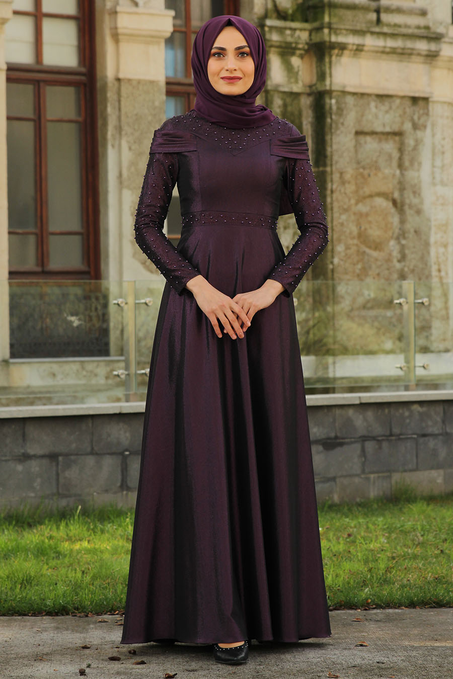 PEARL DETAILED PURPLE EVENING DRESS PEARL DETAILED PURPLE EVENING DRESS