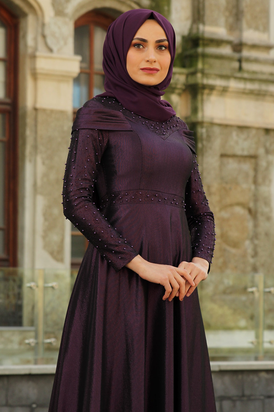 PEARL DETAILED PURPLE EVENING DRESS PEARL DETAILED PURPLE EVENING DRESS