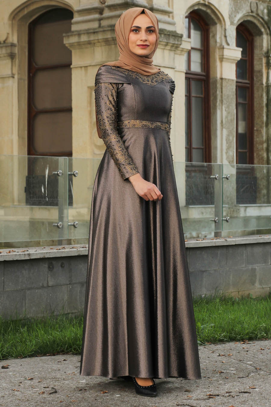 PEARL DETAILED VISON COLOR EVENING DRESS