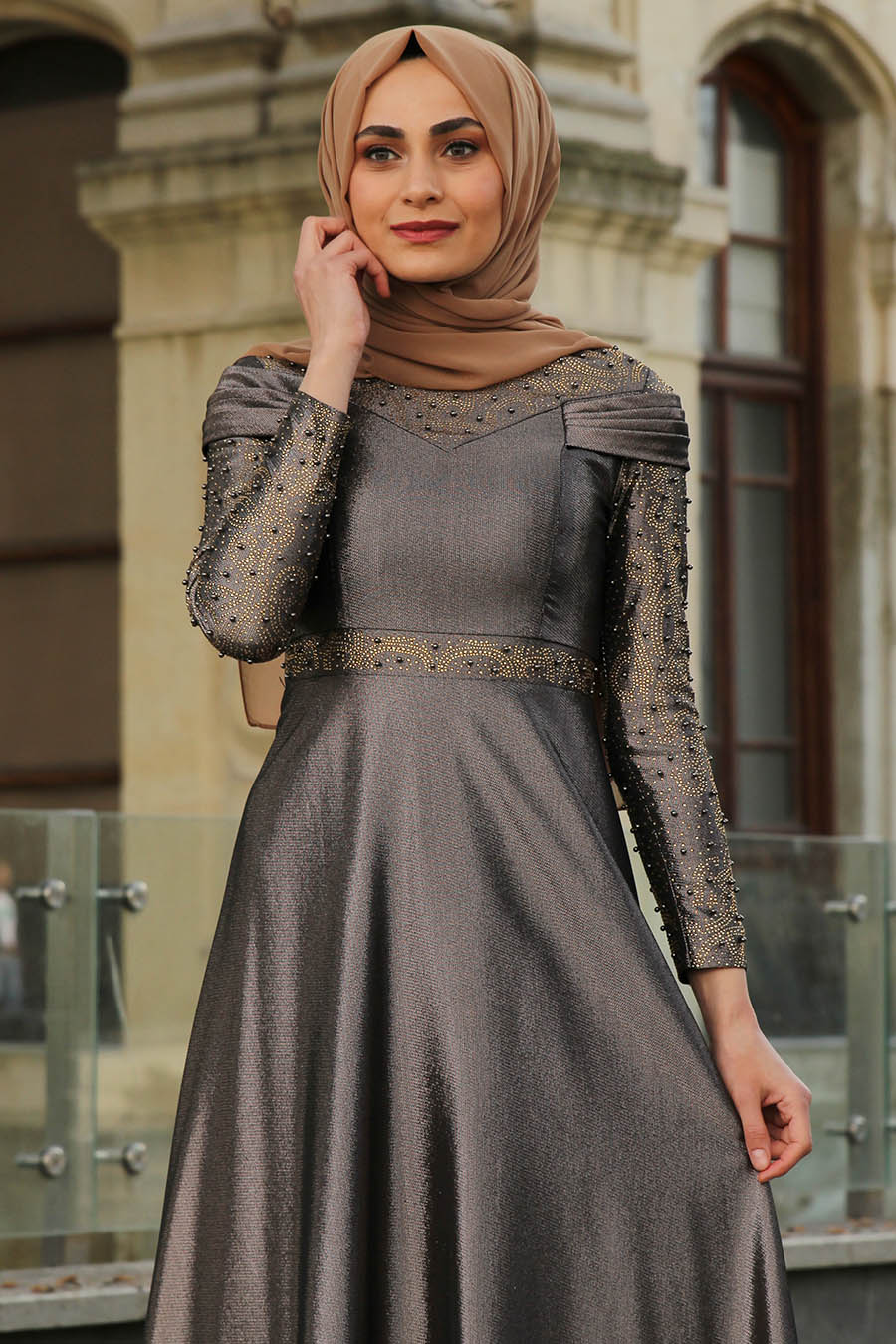 PEARL DETAILED VISON COLOR EVENING DRESS