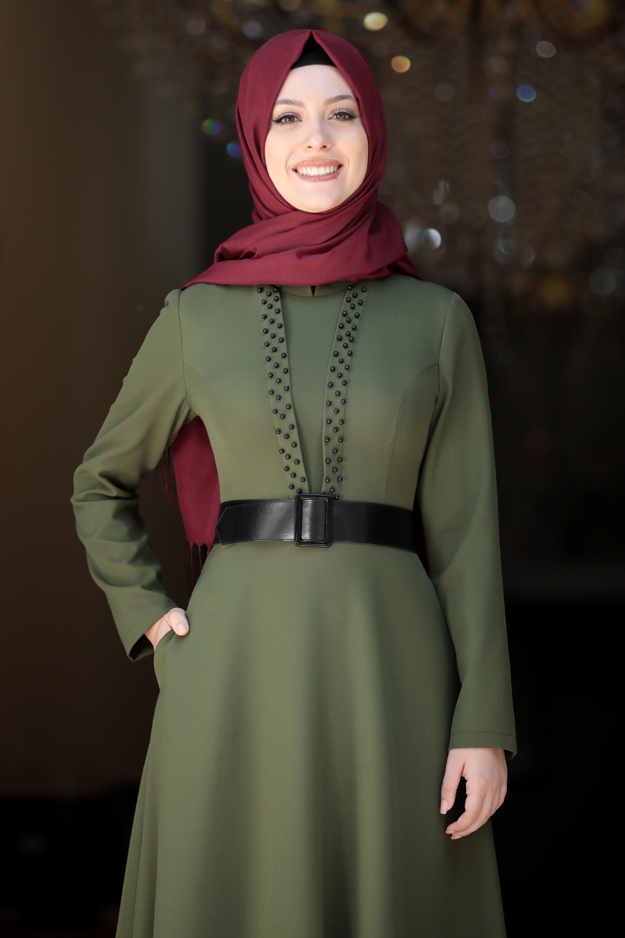 PEARL DETAILED KHAKI DRESS