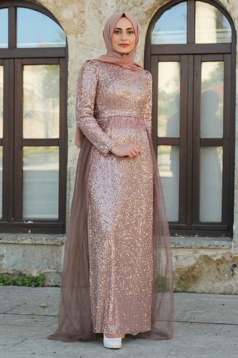 SEQUIN DETAILED COPPERTONE COLOR EVENING DRESS 