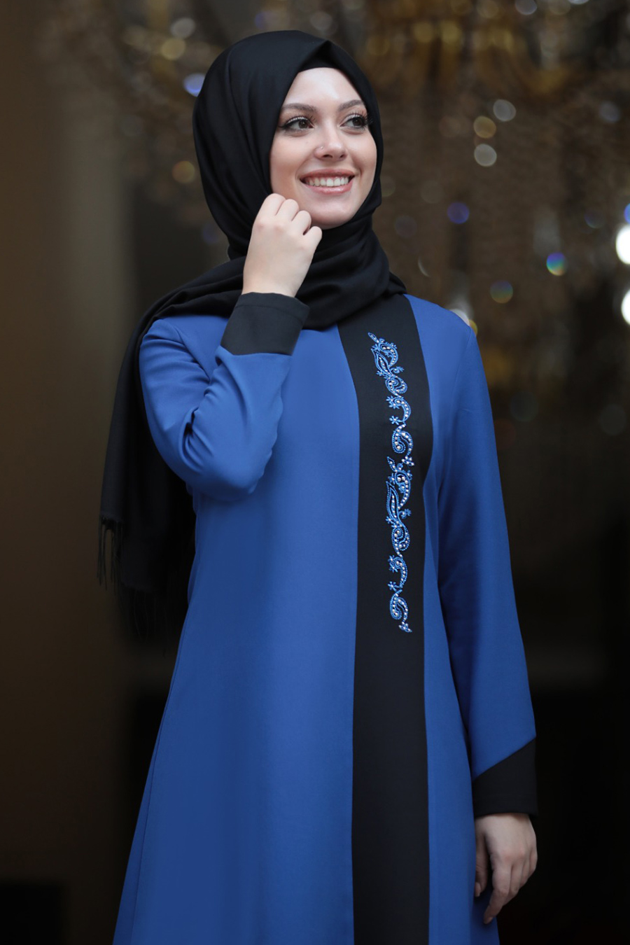 SAX BLUE TUNIC AND BLACK PANT SUIT