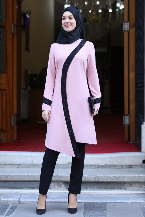 POWDER PINK TUNIC AND BLACK PANT SUIT