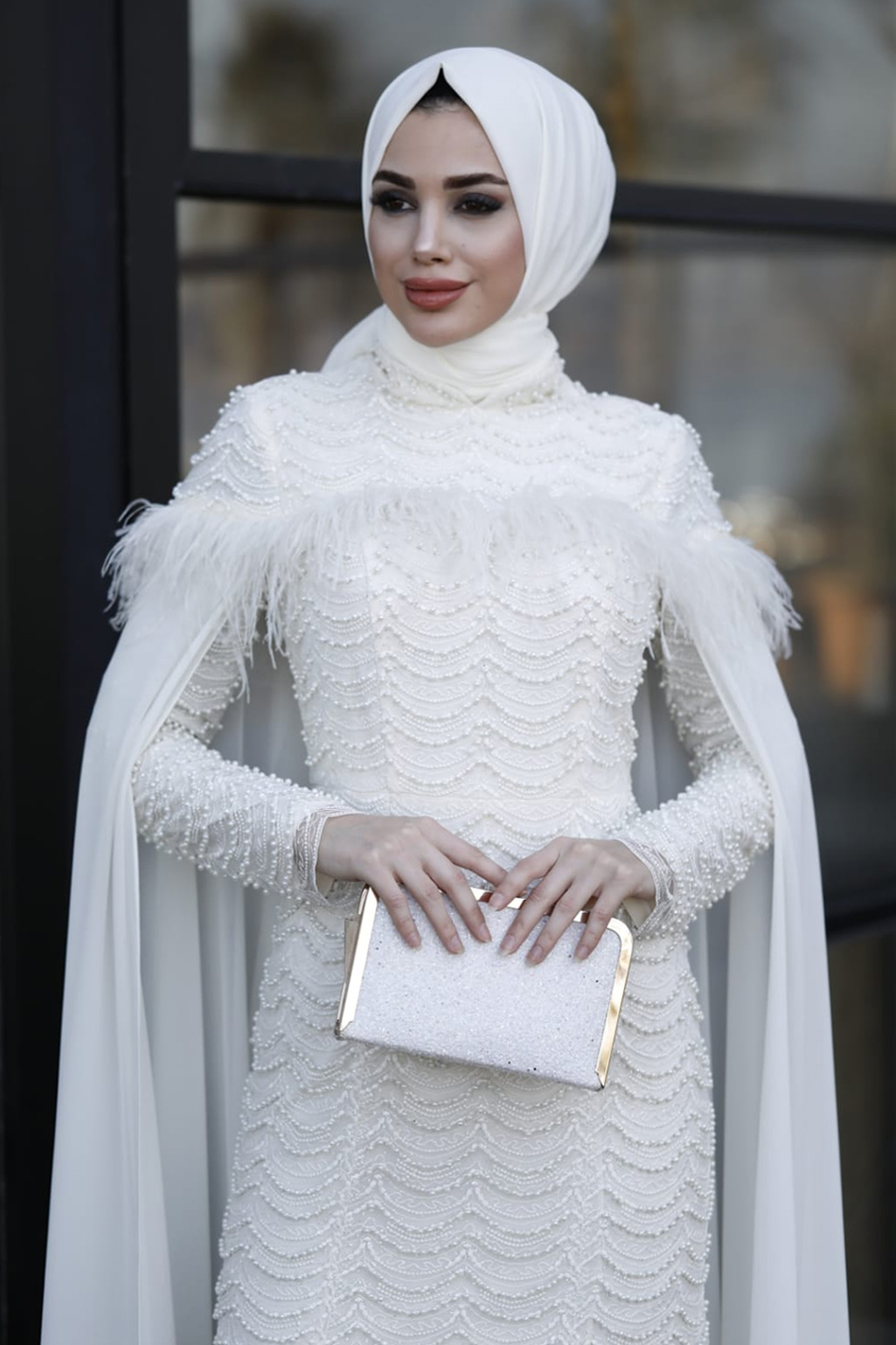 PEARL DETAILED ECRU EVENING DRESS