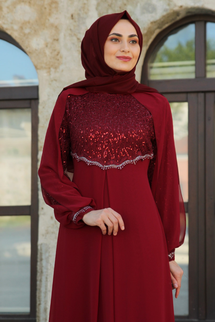 SEQUIN DETAILED CLARET RED EVENING DRESS 