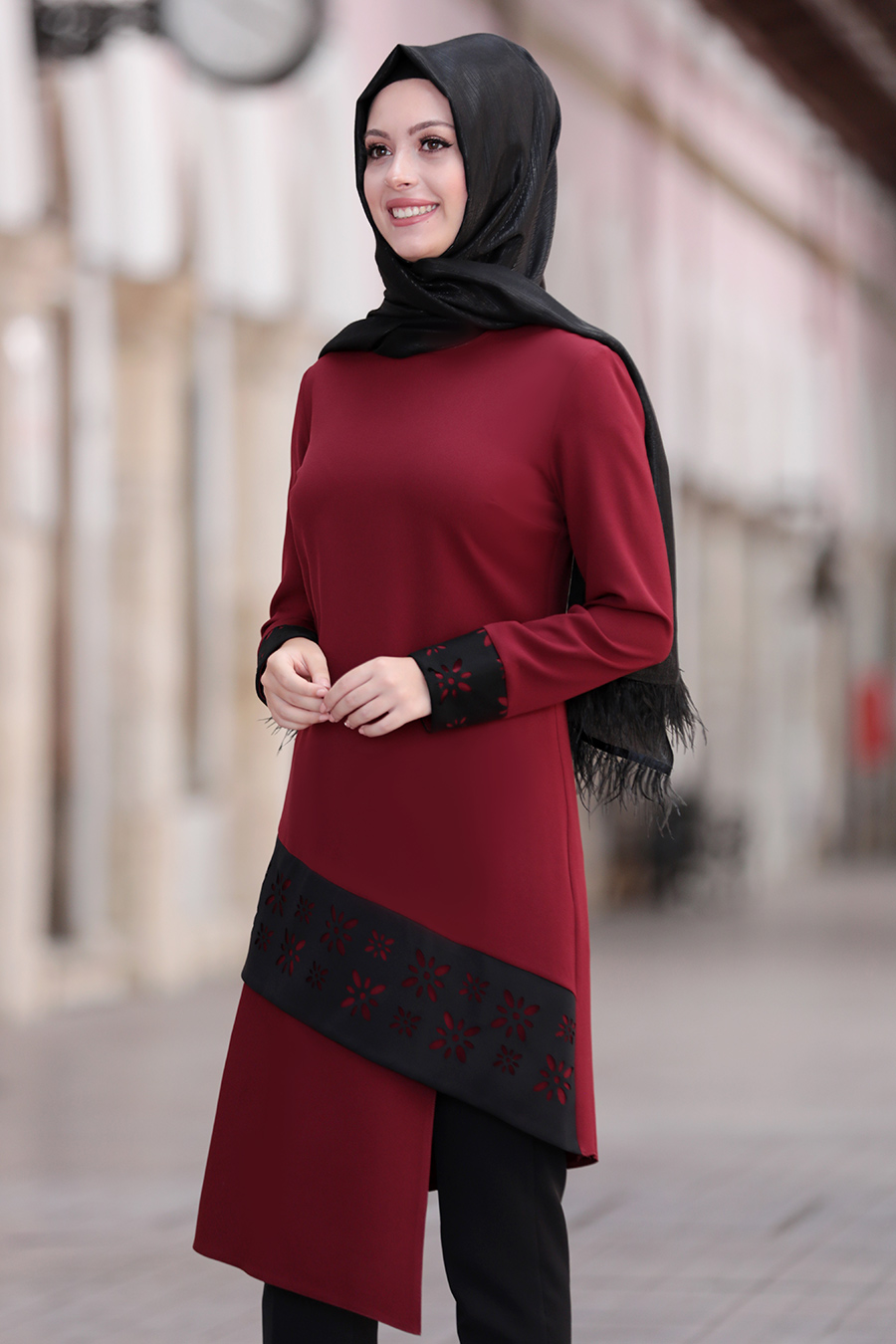 CLARET RED TUNIC AND BLACK PANT SUIT  CLARET RED TUNIC AND BLACK PANT SUIT