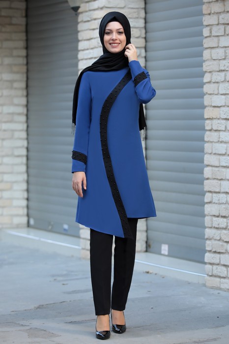 INDIGO COLOR TUNIC AND BLACK PANT SUIT