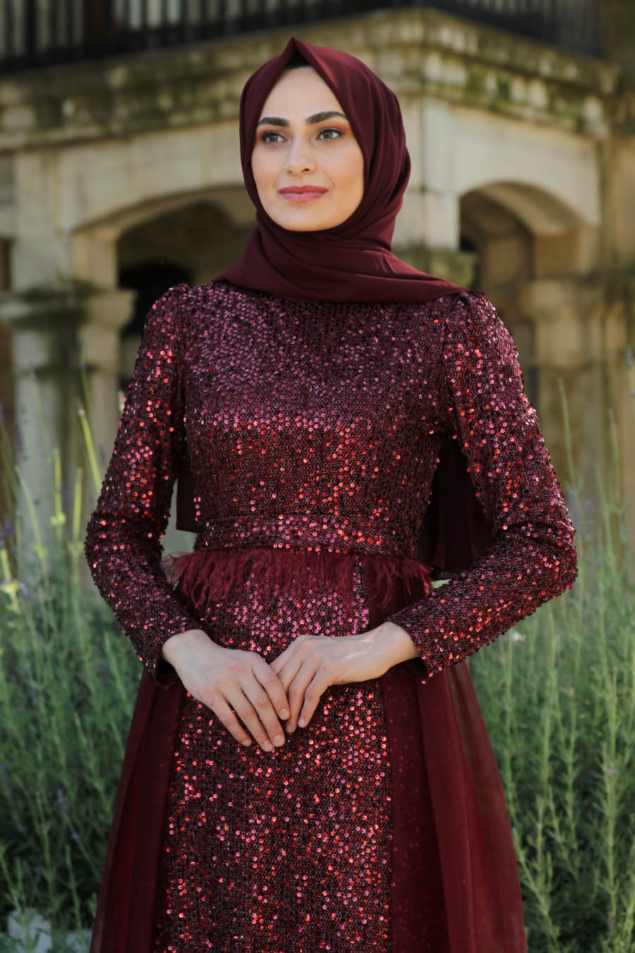 SEQUIN DETAILED CLARET RED EVENING DRESS