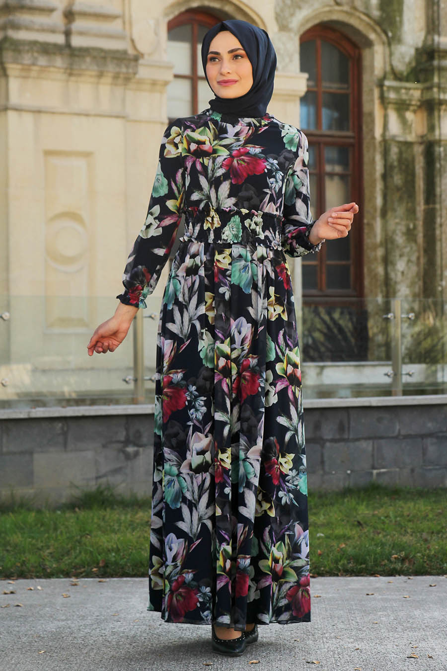 FLOWER PATTERNED NAVY BLUE DRESS