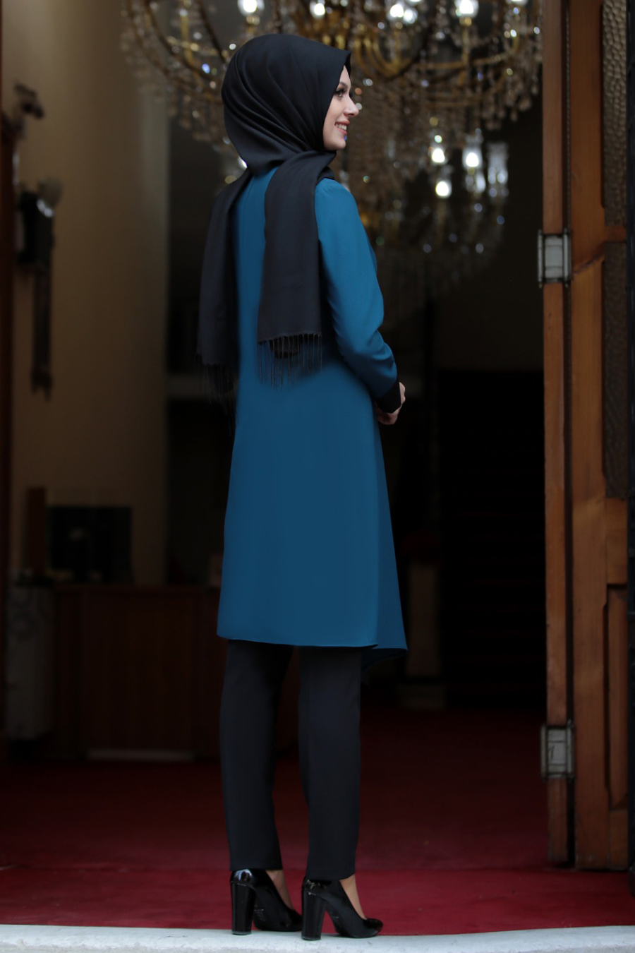 PETROLEUM BLUE TUNIC AND BLACK PANT SUIT