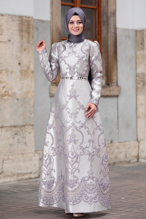 PATTERNED GREY EVENING DRESS 