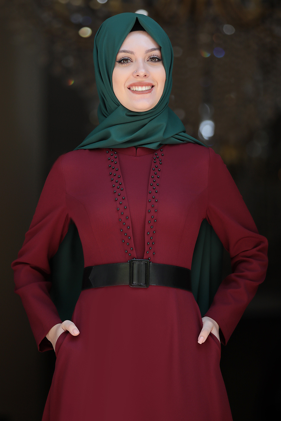 PEARL DETAILED CLARET RED DRESS 