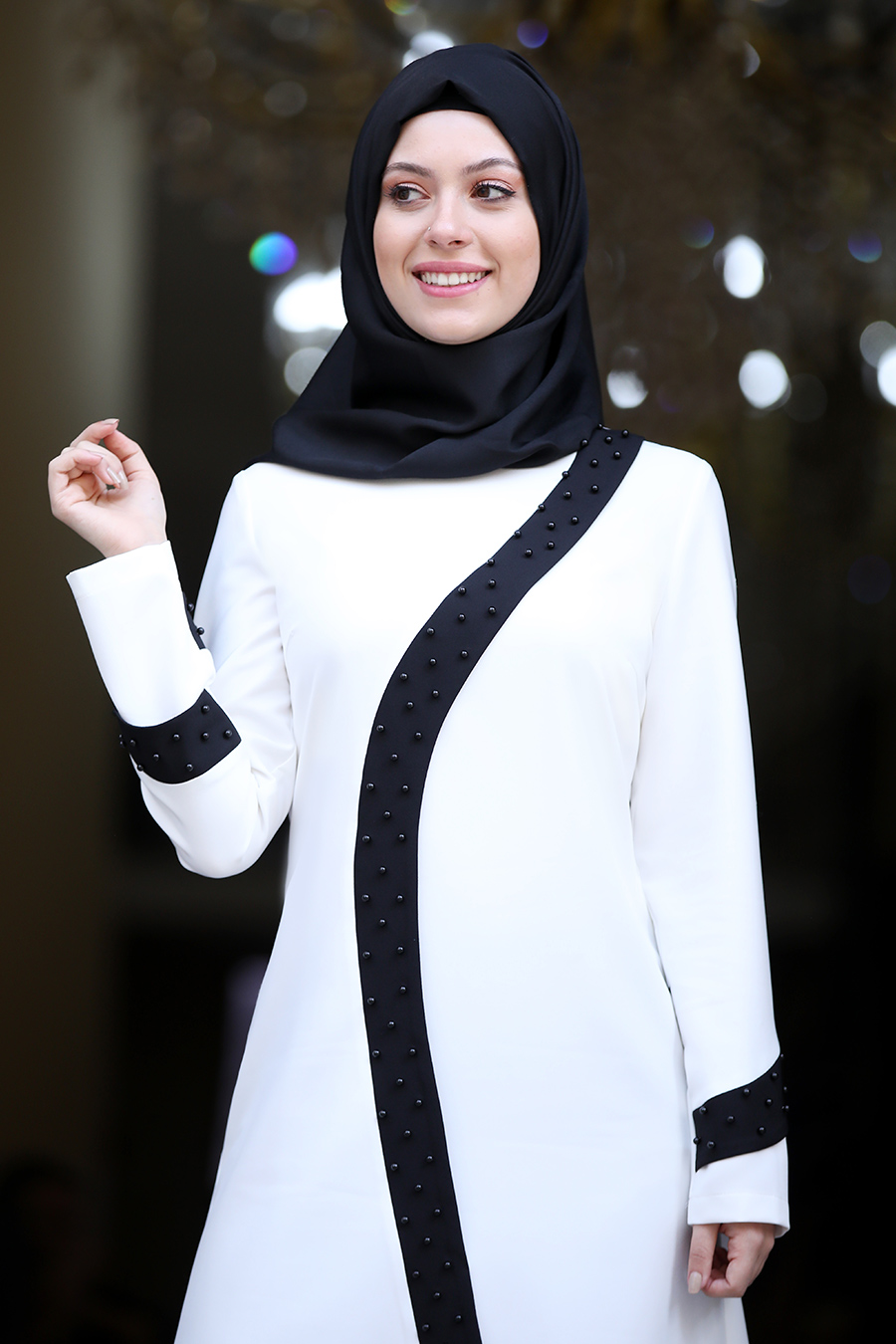 ECRU TUNIC AND BLACK PANT SUIT