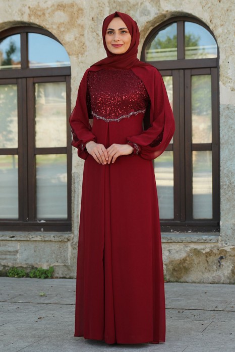 SEQUIN DETAILED CLARET RED EVENING DRESS 