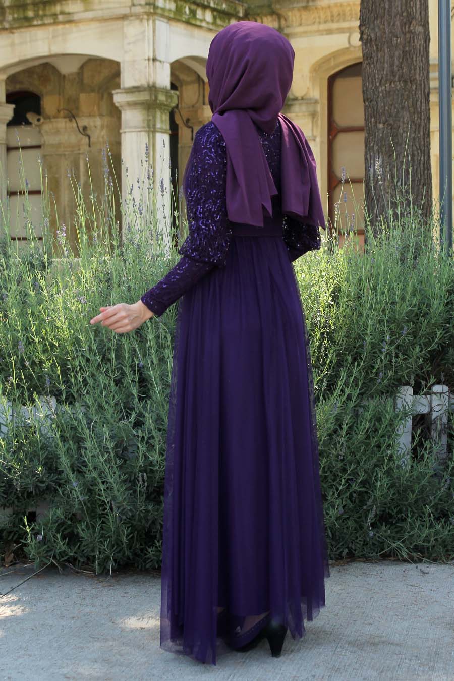 SEQUIN DETAILED PURPLE EVENING DRESS