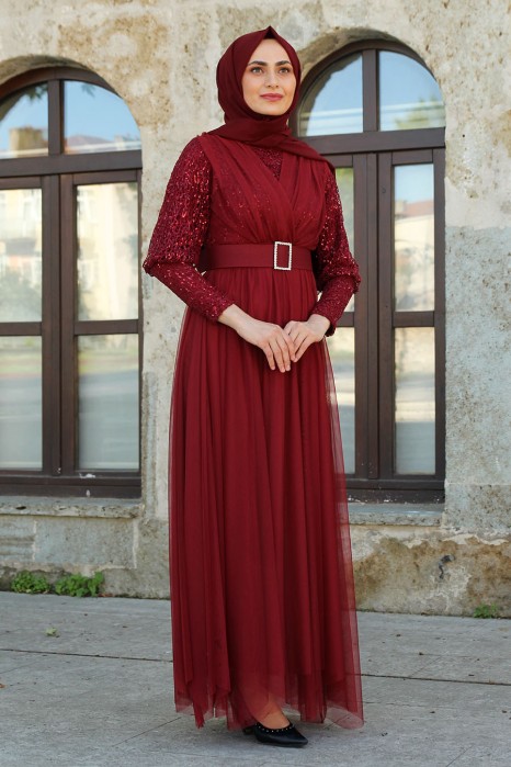 SEQUIN DETAILED CLARET RED EVENING DRESS