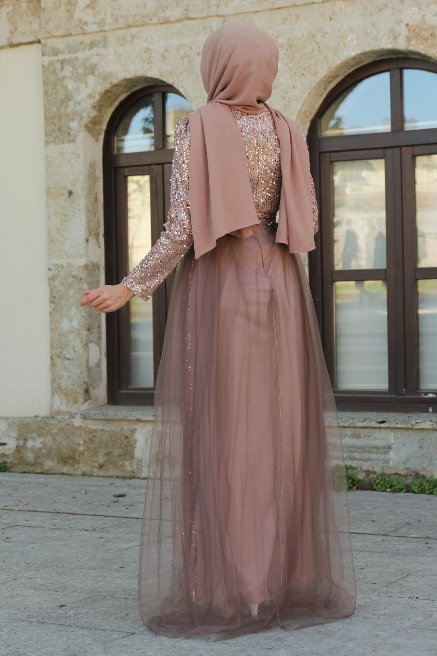 SEQUIN DETAILED COPPERTONE COLOR EVENING DRESS 