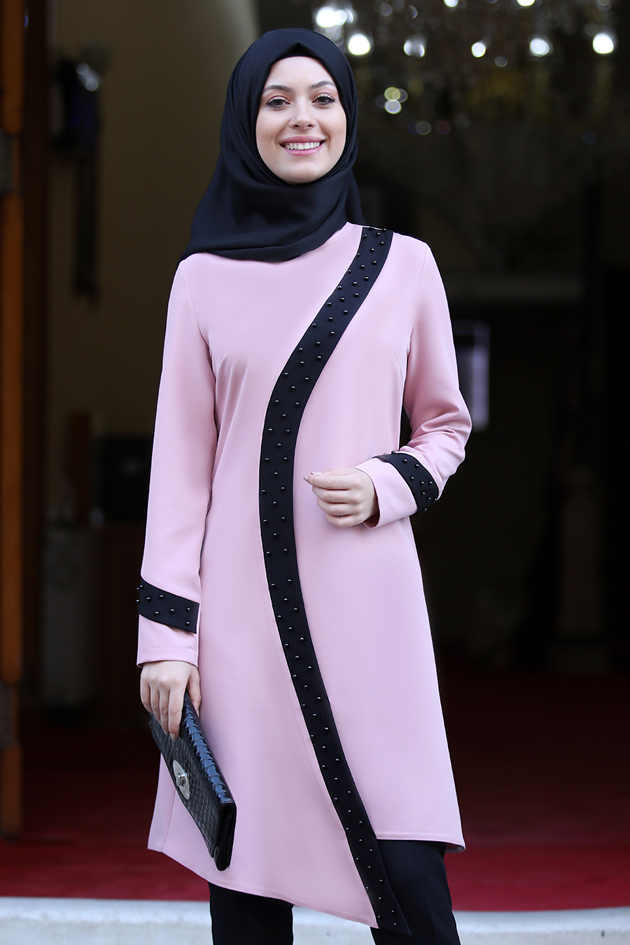 POWDER PINK TUNIC AND BLACK PANT SUIT