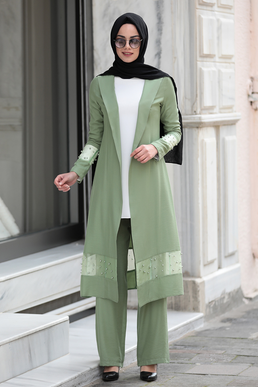 Green Coat Pant And Ecru Blouse Suit