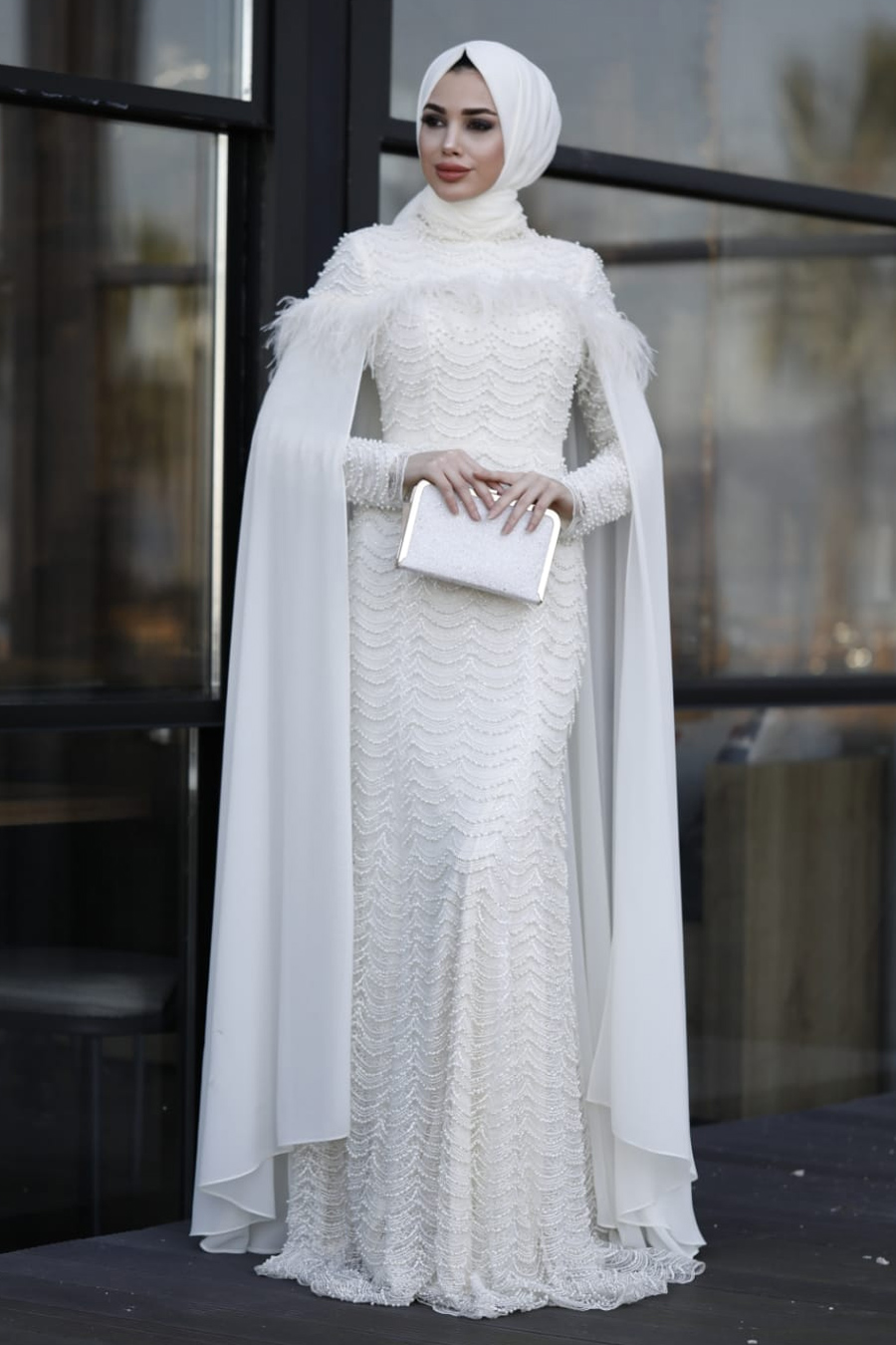 PEARL DETAILED ECRU EVENING DRESS