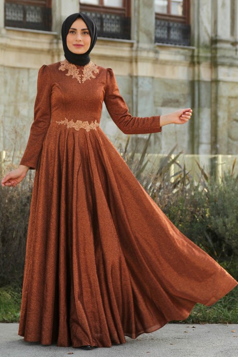 SILVERY BRICK COLOR EVENING DRESS