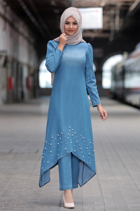 PEARL DETAILED BLUE JEAN TUNIC AND PANT SUIT 