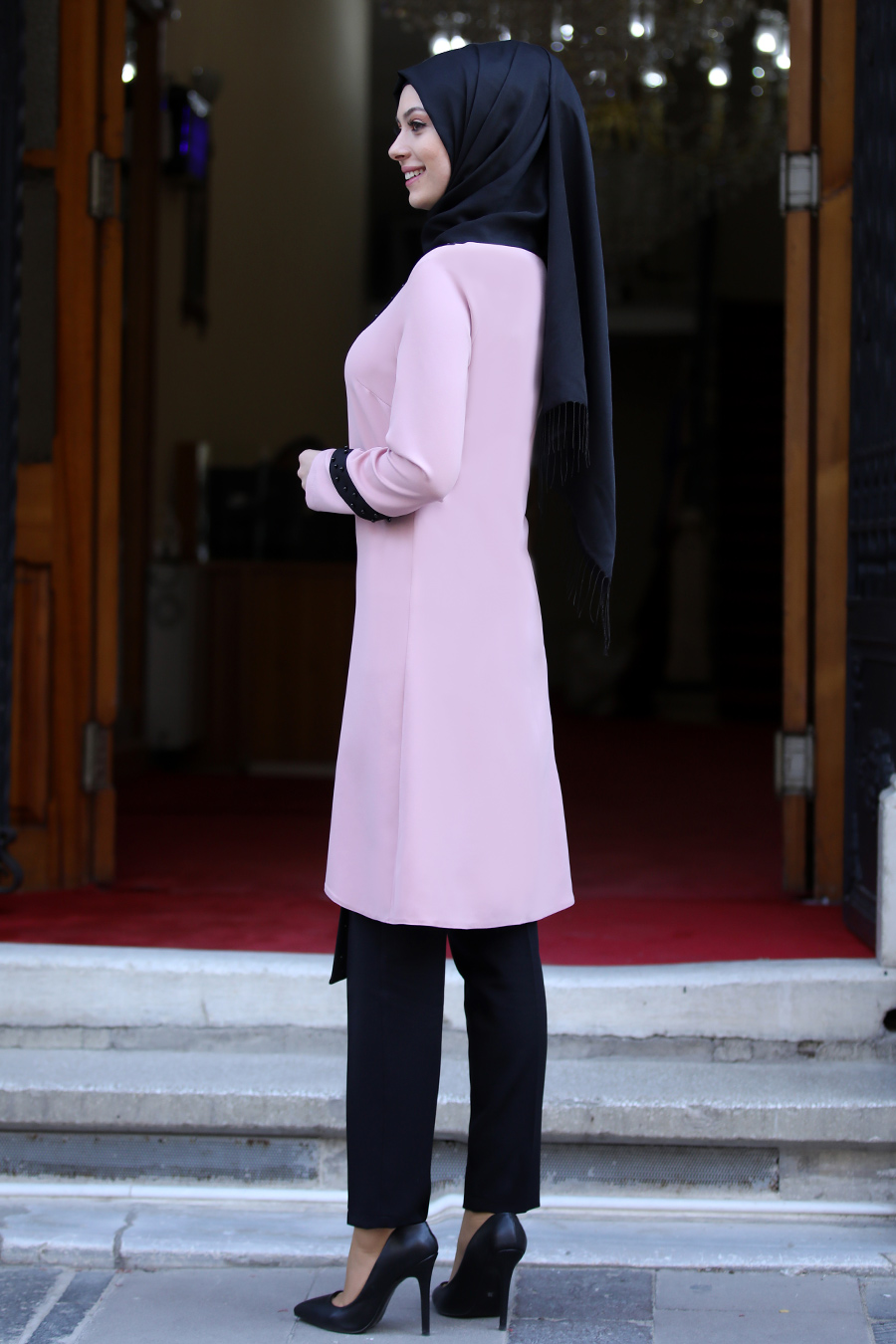 POWDER PINK TUNIC AND BLACK PANT SUIT