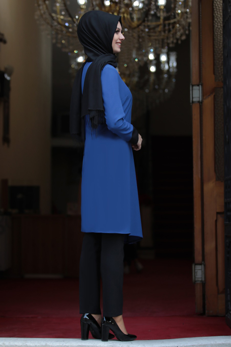 SAX BLUE TUNIC AND BLACK PANT SUIT