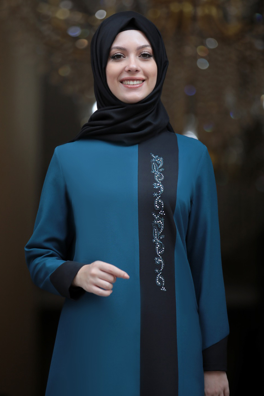 PETROLEUM BLUE TUNIC AND BLACK PANT SUIT