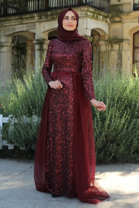 SEQUIN DETAILED CLARET RED EVENING DRESS