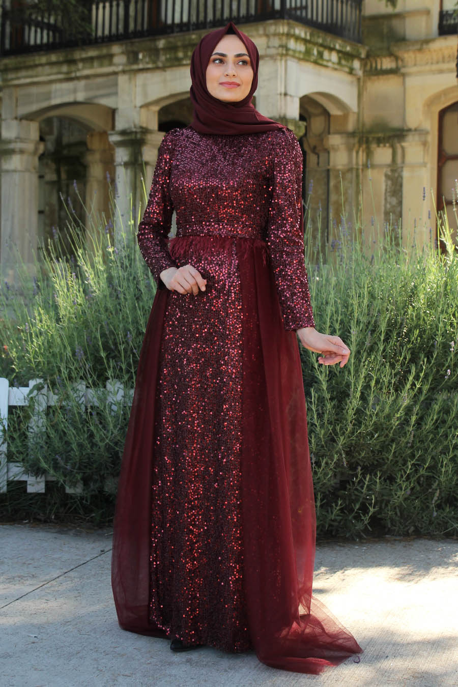 SEQUIN DETAILED CLARET RED EVENING DRESS