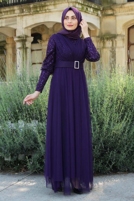 SEQUIN DETAILED PURPLE EVENING DRESS