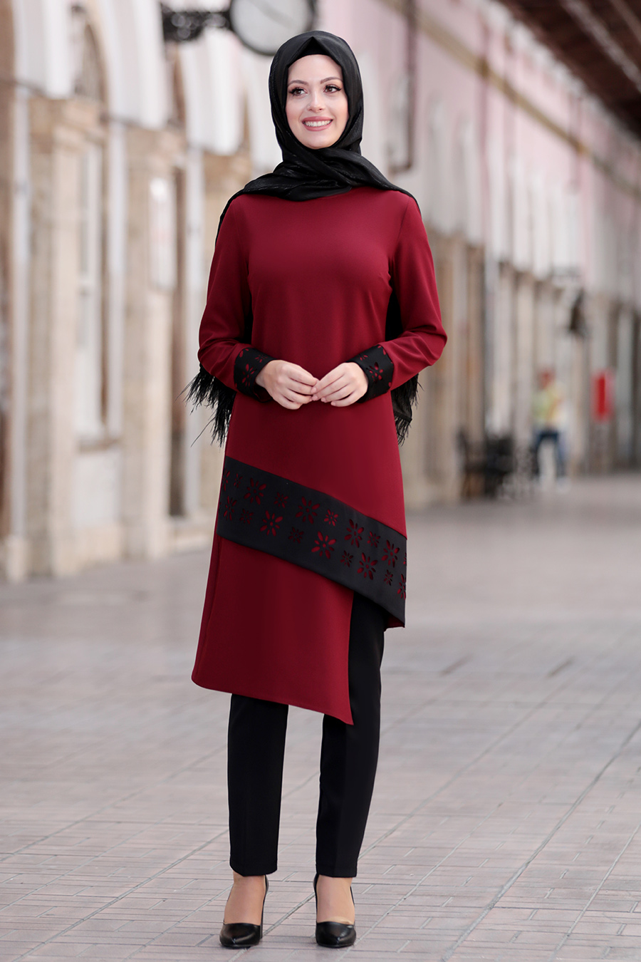 CLARET RED TUNIC AND BLACK PANT SUIT  CLARET RED TUNIC AND BLACK PANT SUIT
