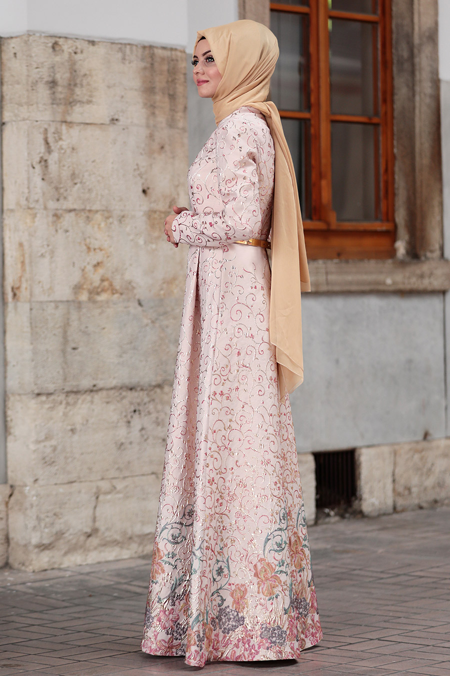 PATTERNED ECRU EVENING DRESS PATTERNED ECRU EVENING DRESS