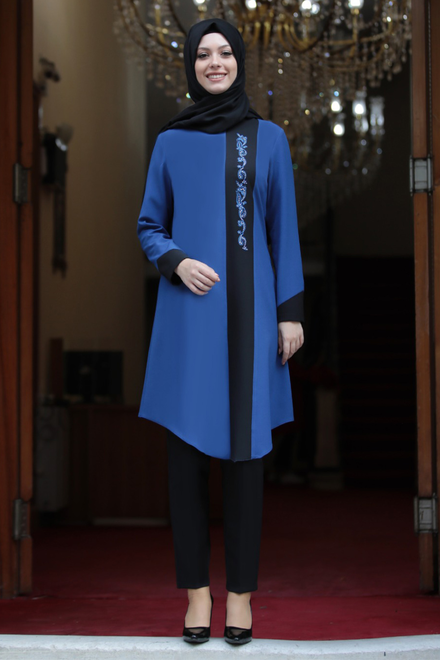 SAX BLUE TUNIC AND BLACK PANT SUIT
